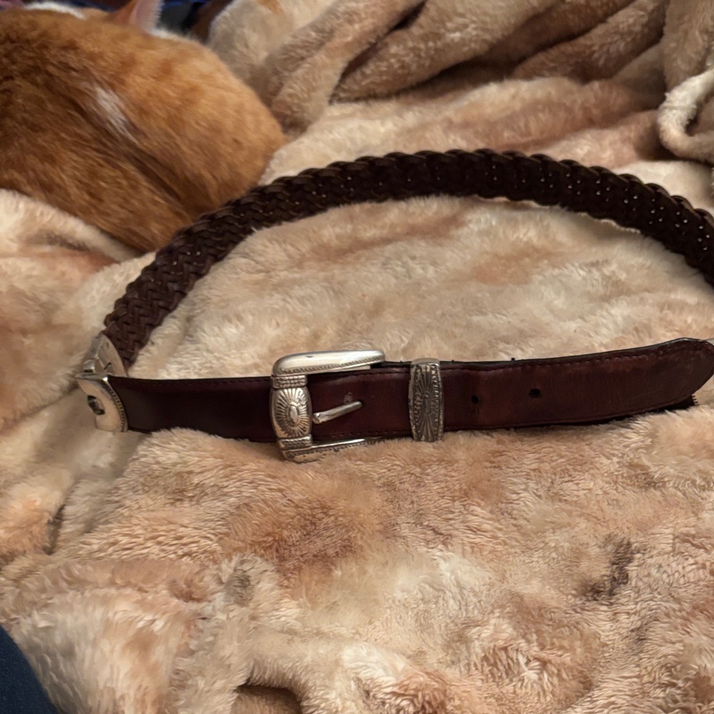 Woolrich Vintage braided Western Brown Leather Belt with Engraved Silver 38